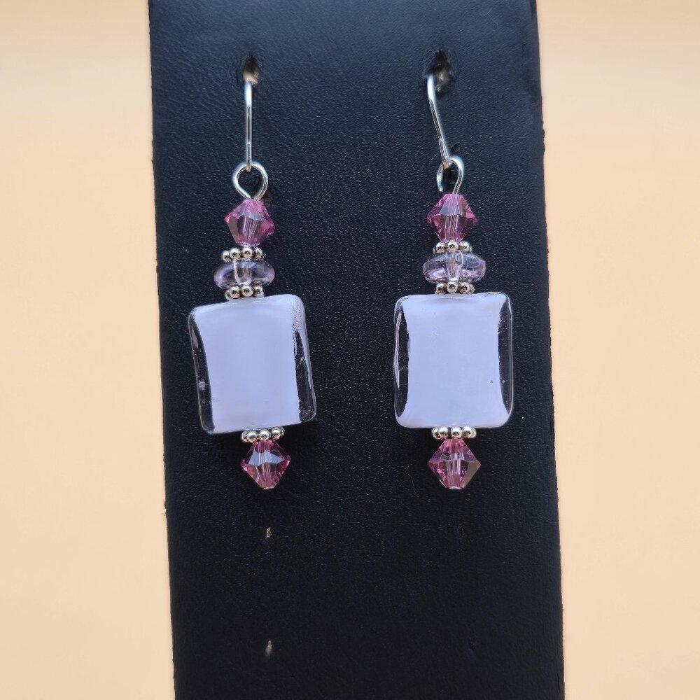 Sterling Silver Pink Glass Handmade Dangle Earrings A5692